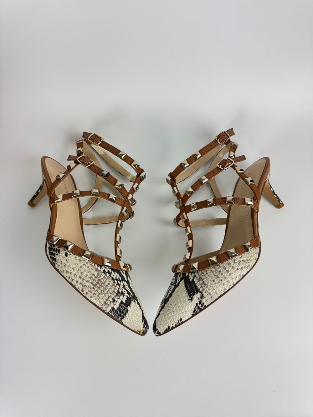 BCBGeneration Women Tan Strappy Studded Snake Print Pointed Heels